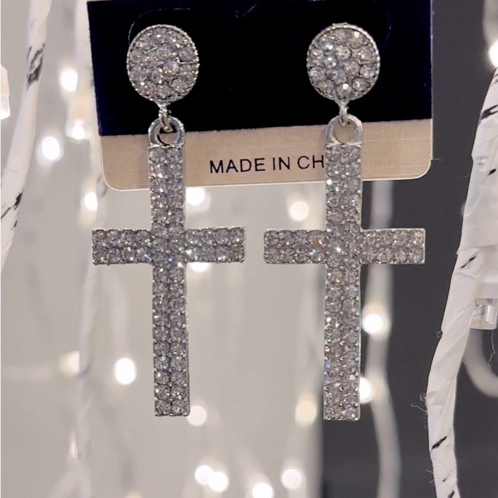 New Rhinestone Cross Drop Dangle Fashion Jewelry Earrings (Perfect Bundle Item!) - Picture 2 of 2